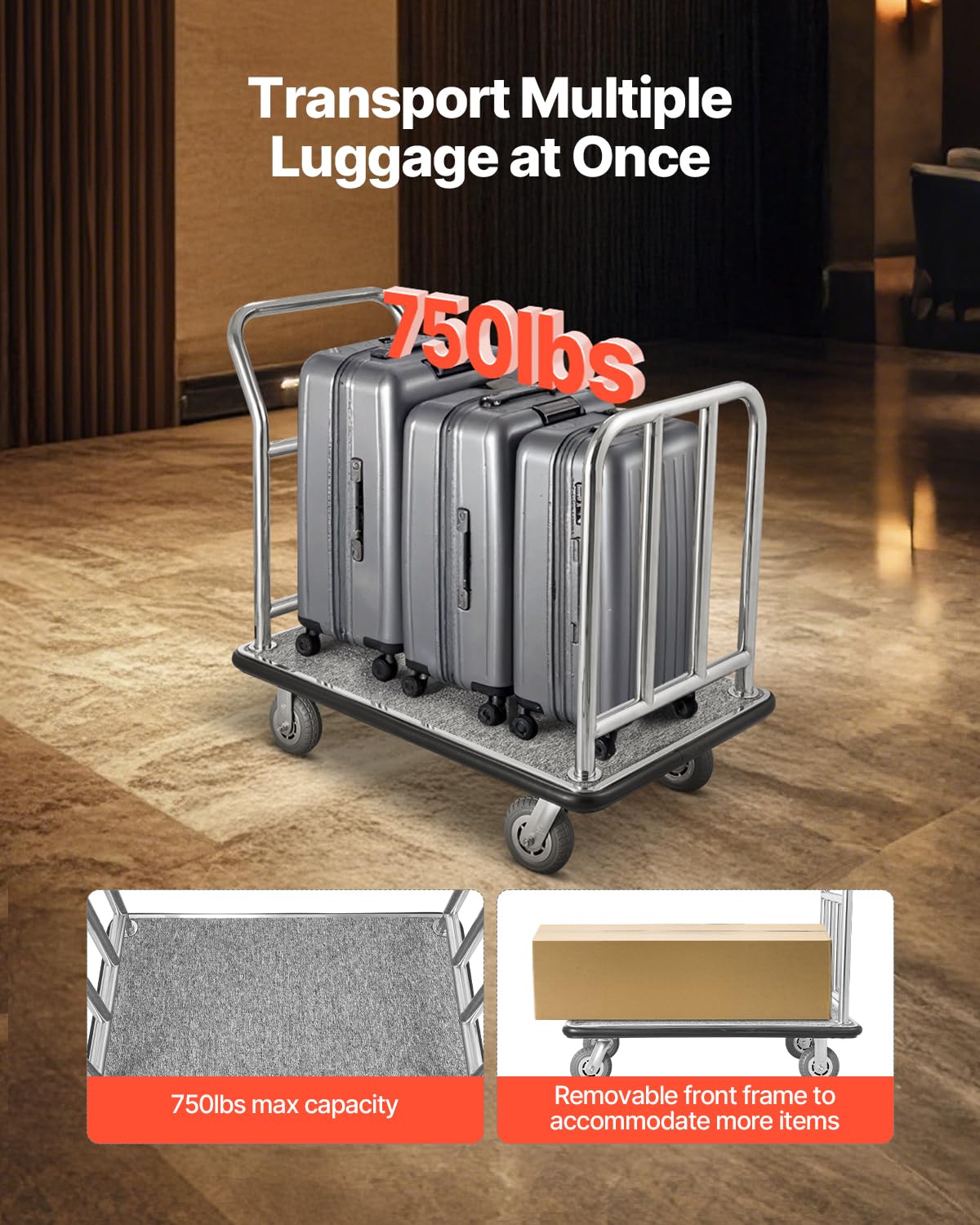 VEVOR Chariot à Bagages Hôtel, 340 kg, Chariot à Plate-Forme de Concierge, Cadre Avant Amovible, avec Moquette Grise, Roues Caoutchouc 15,24 cm, Porte-Bagages pour Hôtels, Condos, Complexes Hôteliers