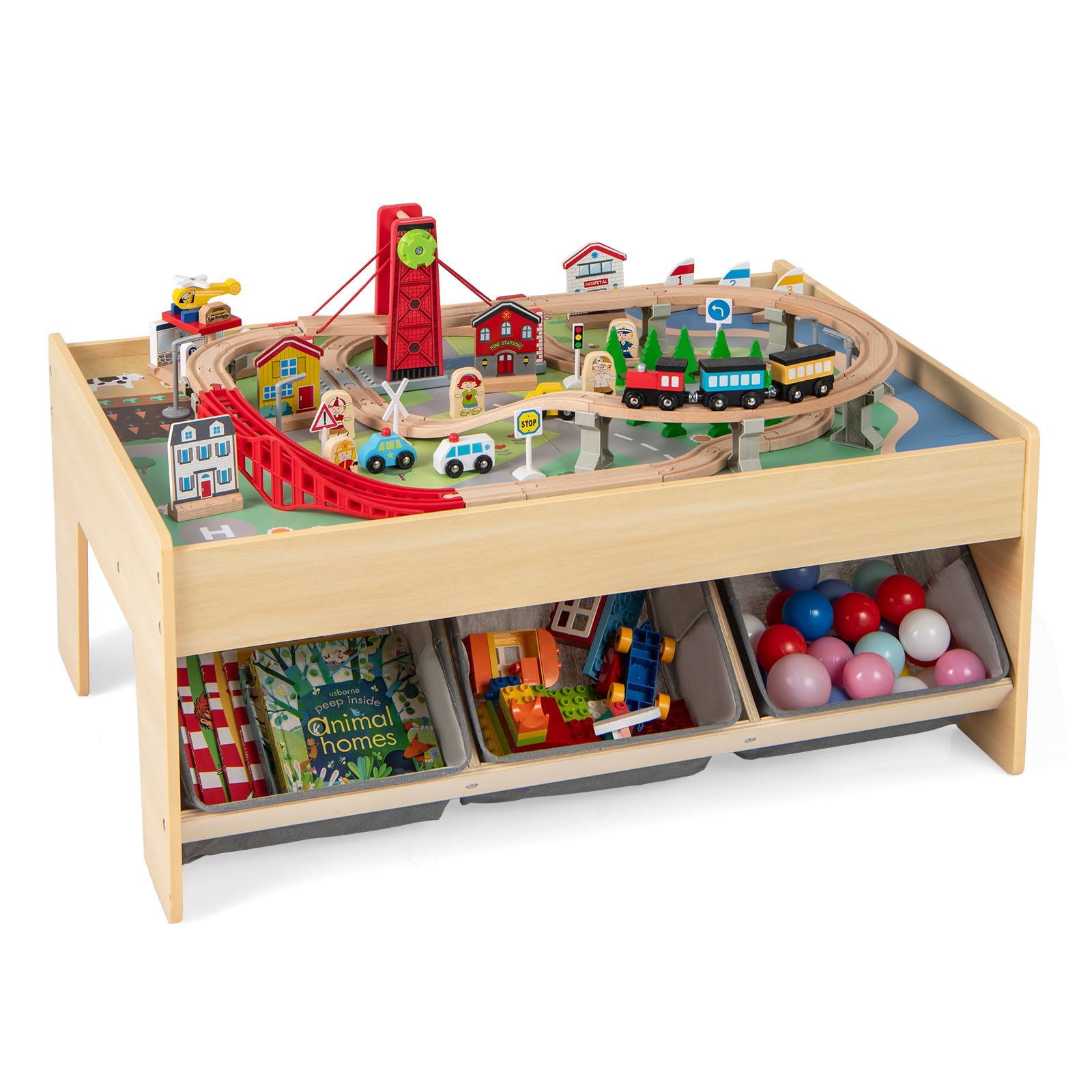 Costzon Train Table, 3-in-1 Wooden Activity Table W/ 3 Storage Bins (Gray)