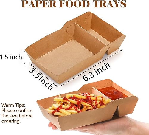 Miniatura 2 de SOUJOY Paquete de 100 bandejas para servir alimentos, 2 compartimentos, bandeja de nacho kraft desechable, cartón resistente a la grasa, contenedor