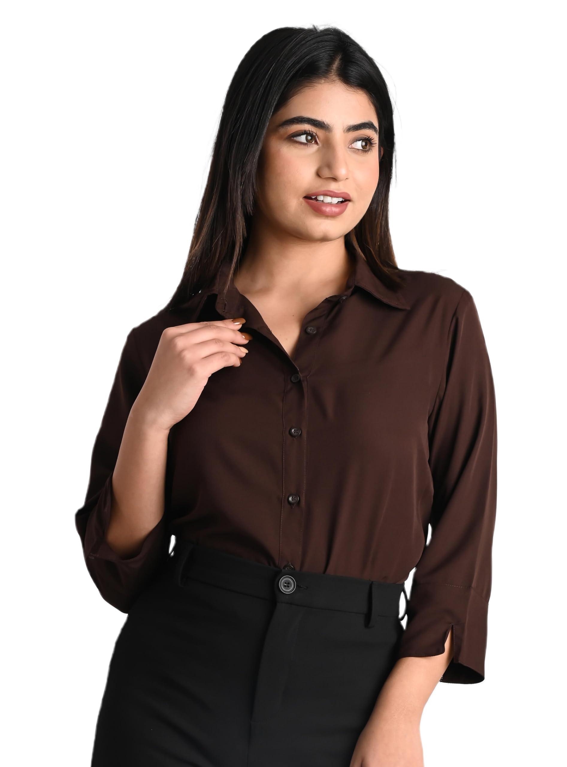 Women's Polyester Stylish Regular Fit Button Down Plain Solid Formal Casual Shirts for Women Office Wear-image-37