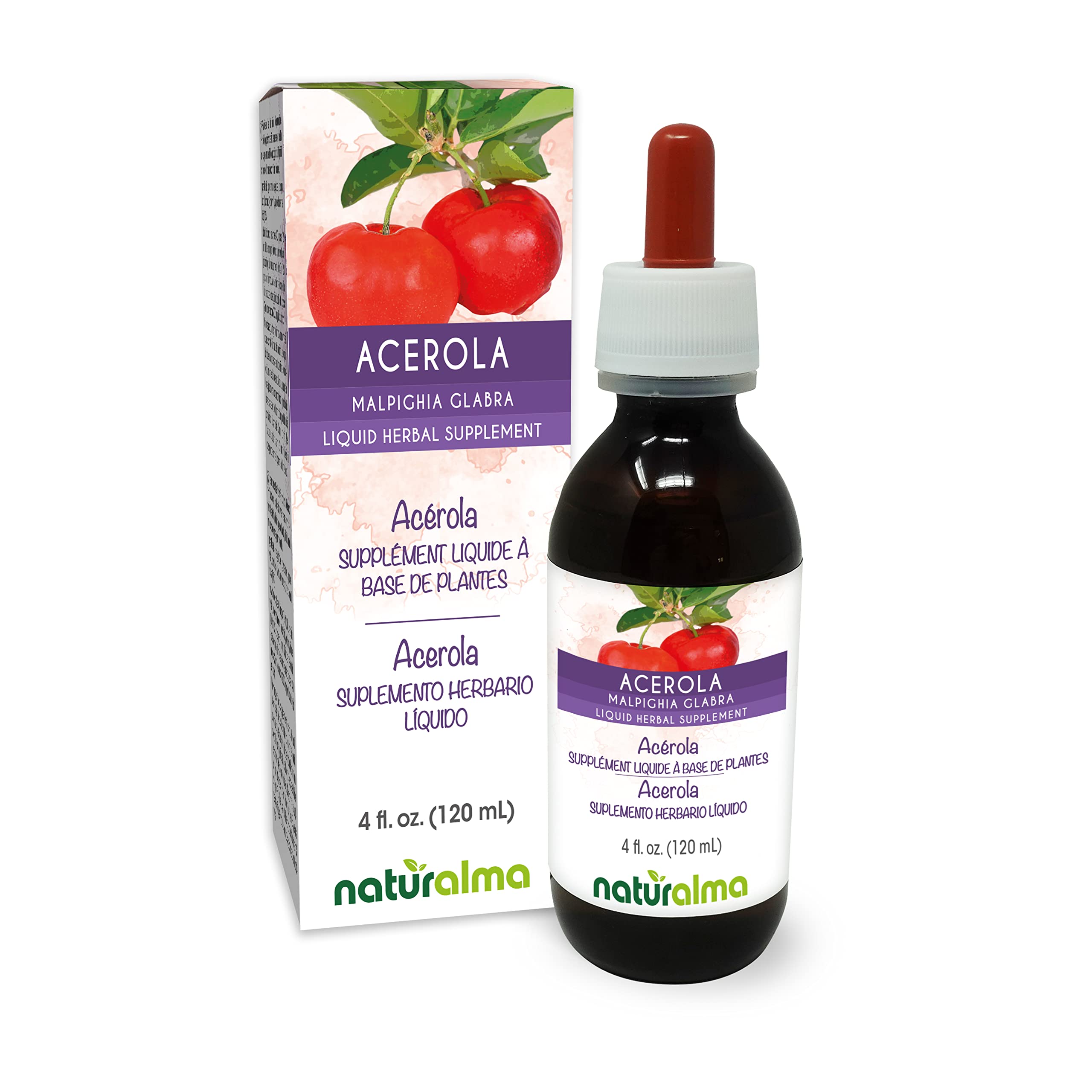 Naturalma Acerola (Malpighia glabra) Fruit Alcohol-Free Tincture - Rich in Vitamin C - 4 fl oz Liquid Extract in Drops - Herbal Supplement - Vegan