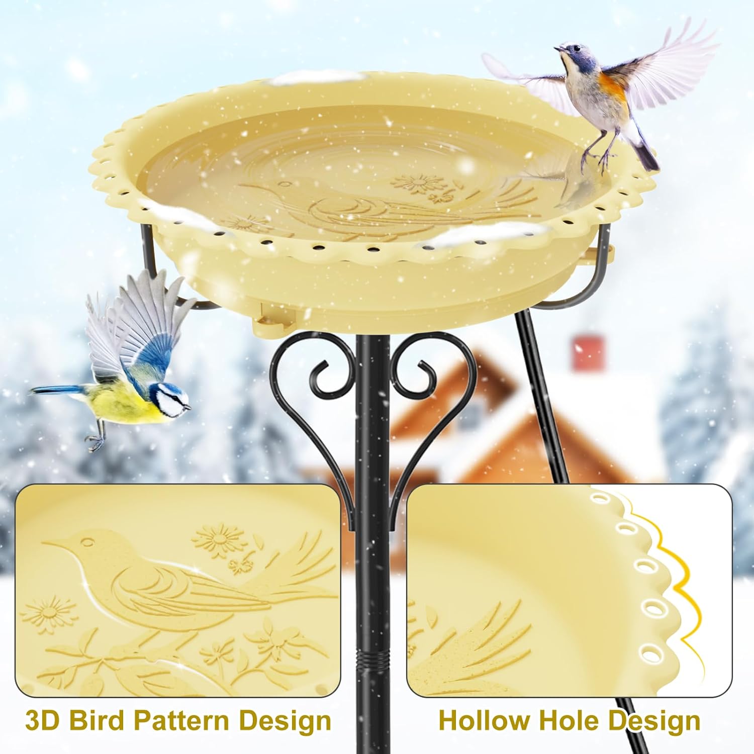 Heated Bird Baths for Outdoors for Winter,Upgraded 100W Thermostat Control Heated BirdBaths Bowl with Metal 5 Prong Base Heated Bird Bath for Outside Winter Garden Yard Patio Lawn (Beige)