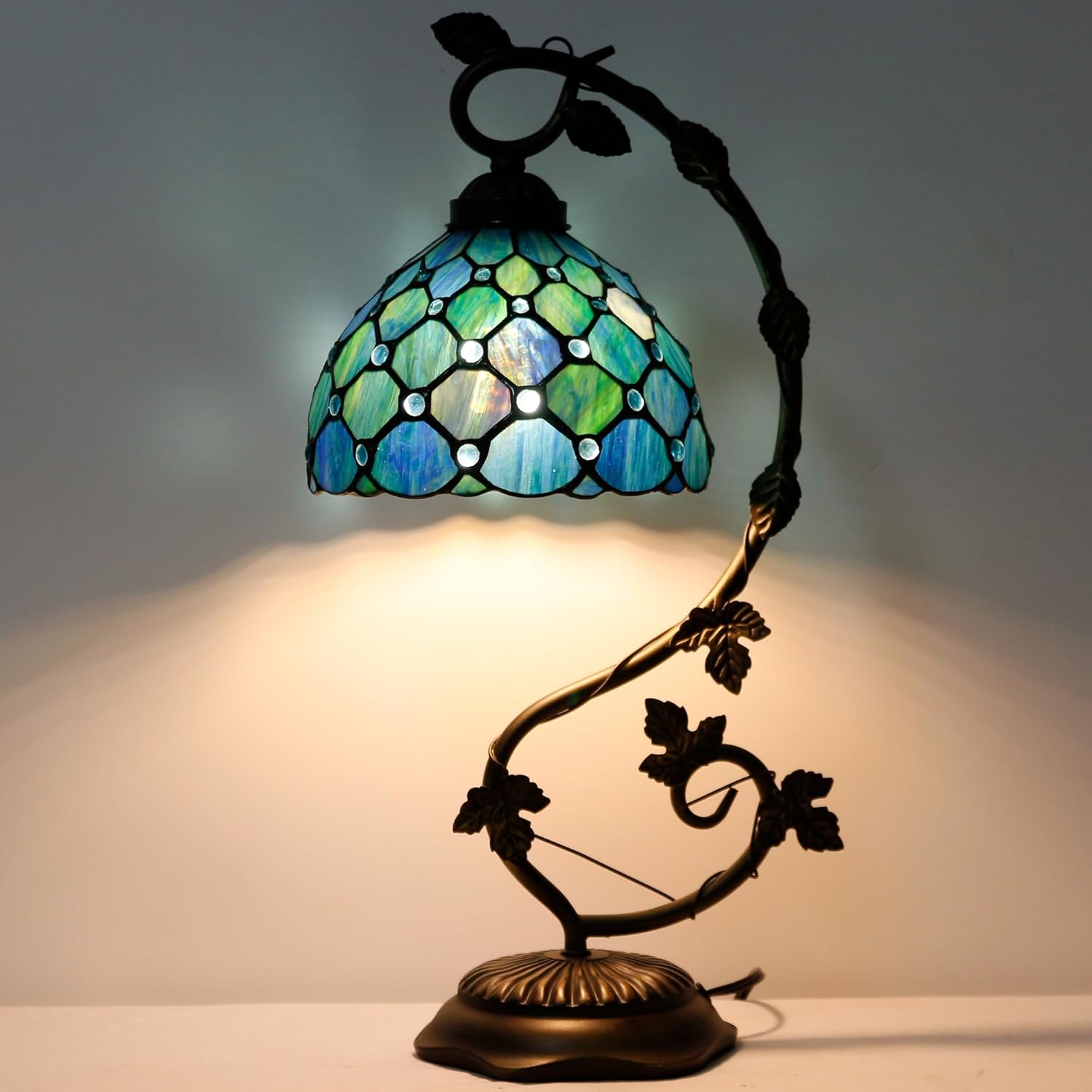 Tiffany Lamp Stained Glass Table Lamp Metal Leaf Desk Reading Light 8X10X21 Inch Decor Small Space Bedroom Home Office (Sea Blue Pearl)