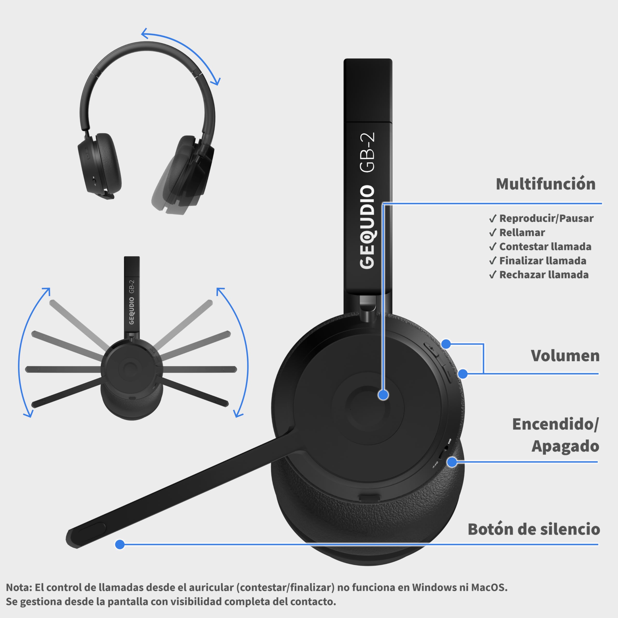 GEQUDIO GB-2 - Auriculares Bluetooth con micrófono, cancelación pasiva de ruido, auriculares inalámbricos, conecta 2 dispositivos simultáneamente (smartphone, teléfono móvil, PC, portátil