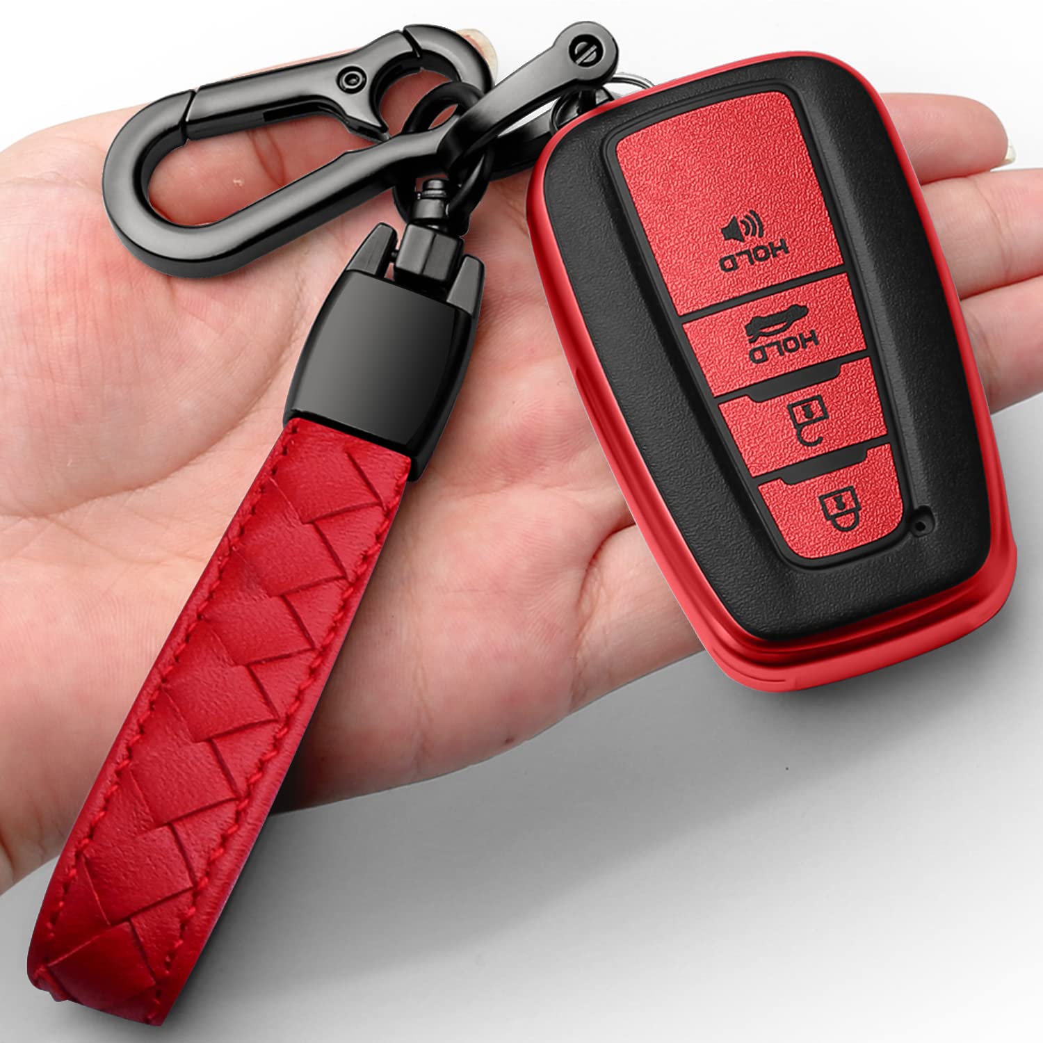 Photo 1 of Sindeda Compatible With Toyota Key fob Cover with Leather Keychain,Soft TPU Full Cover Protection,Key fob case for RAV4 Camry Avalon Corolla Highlander C-HR Prius Smart Remote,Key Fob Shell-Red