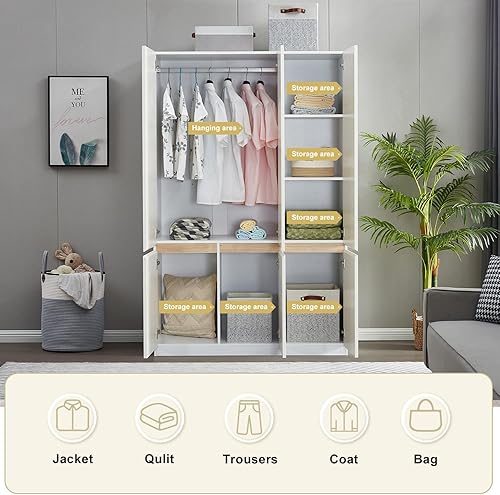 Miniatura 4 de Armario de 4 puertas, armario de madera con 2 cajones, gabinete de almacenamiento para gran capacidad, armarios blancos para dormitorio con barra