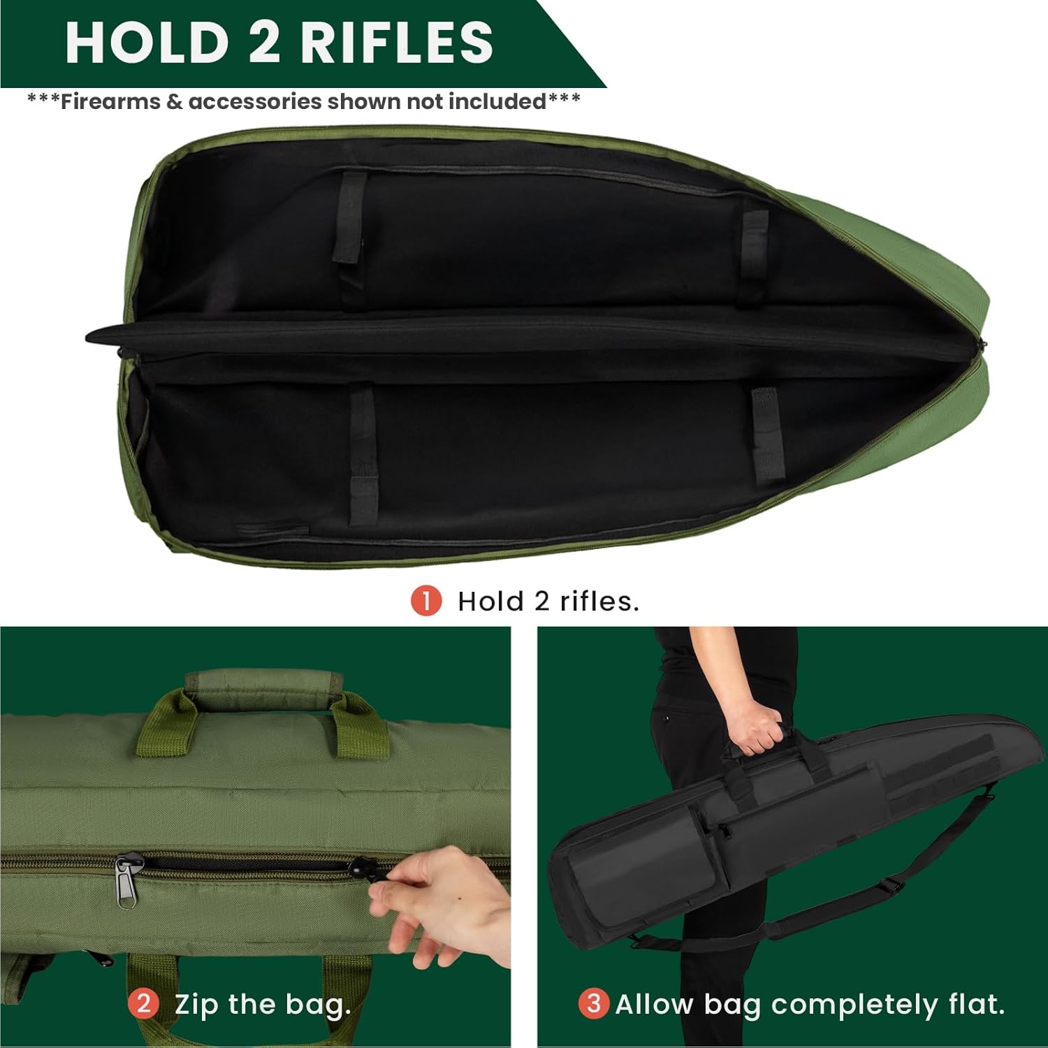 HUNTSEN Soft Double Rifle Case 38" 42" 46" 52" Long Rifle Bag with Padded Handle - Adjustable Sling Dual Lockable Zippers, Multiple Pouches Outdoor Accessory Bags