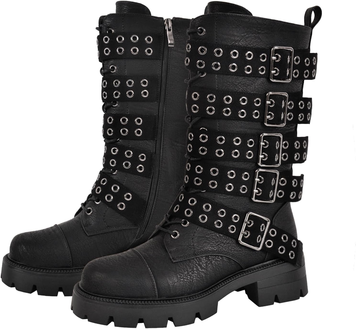 KISTANIA Women's Lace-Up Combat Boots Mid Calf Platform Riding Boots with Buckle Straps