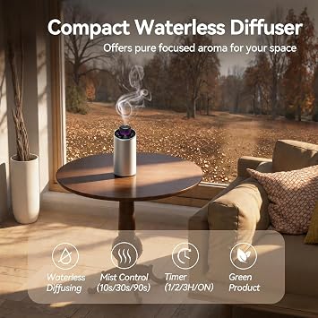 Waterless Essential Oil Diffuser Aromatherapy Scent Diffusers for Home Large Room, Bedroom, Car, Office, Desk, Battery Operated Mini Portable Air Freshener, 3 Countdown Timers & 3 Mist Levels, Silver