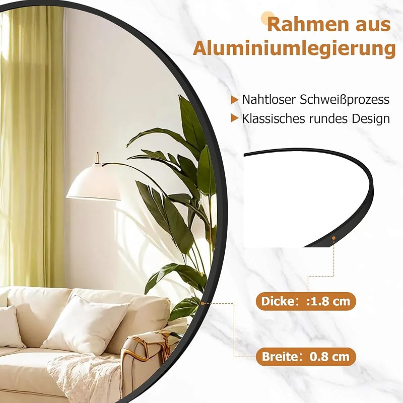 Koonmi 80 cm Kerek Fekete Tükör Alumínium Kerettel - Fürdőszobába, Nappaliba, Hálószobába, Előszobába - Fali Dekoráció