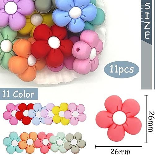 Miniatura 2 de YOKUSHI Cuentas focales de silicona para bolígrafos, 11 cuentas focales de silicona con forma de flor a granel, cuentas sueltas de silicona de goma