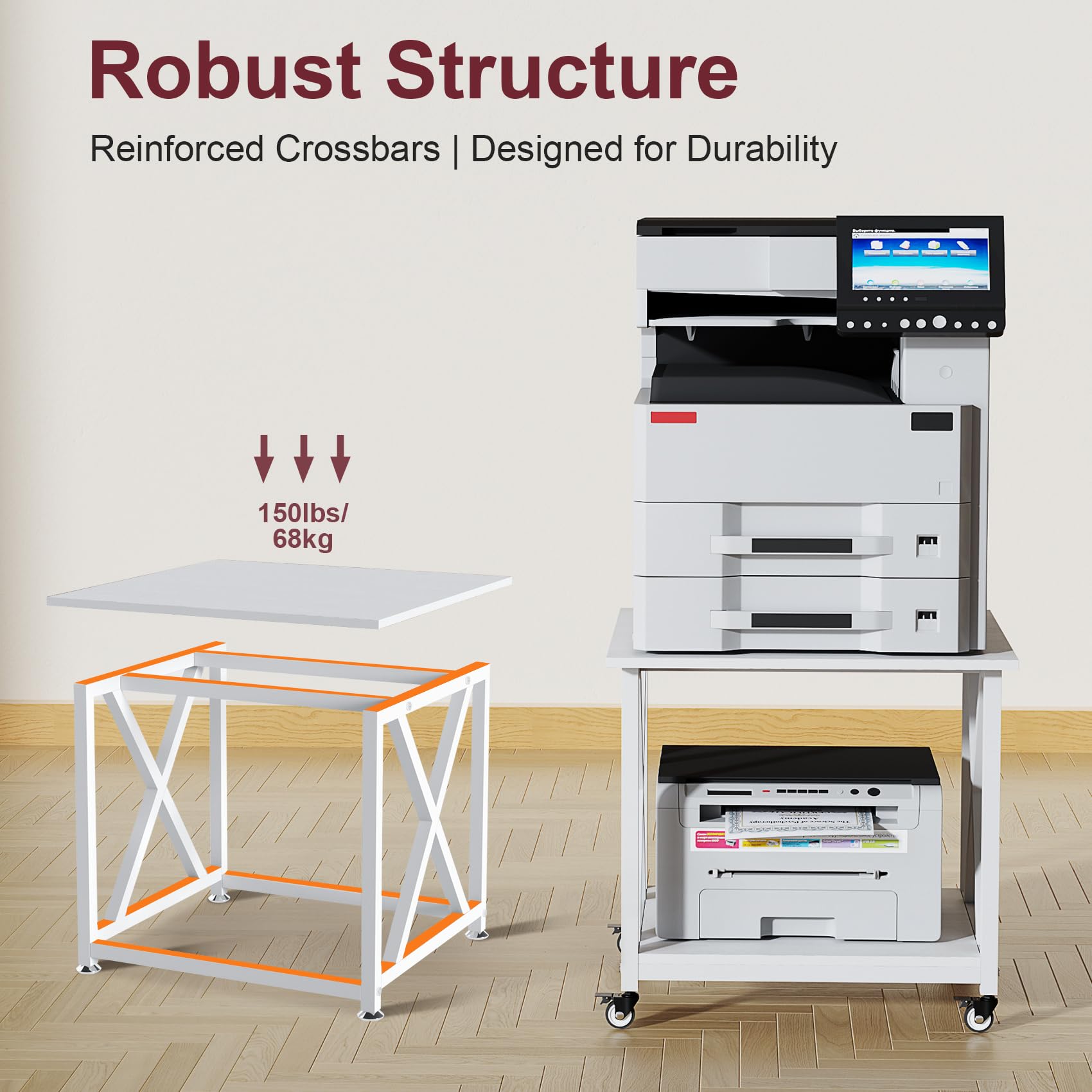 Carrito de impresora grande de 2 niveles y mesa de impresora con ruedas, soporte móvil de madera de 23.6 x 23.6 pulgadas para almacenamiento - para equipo de oficina en casa, lavadora/secadora 4