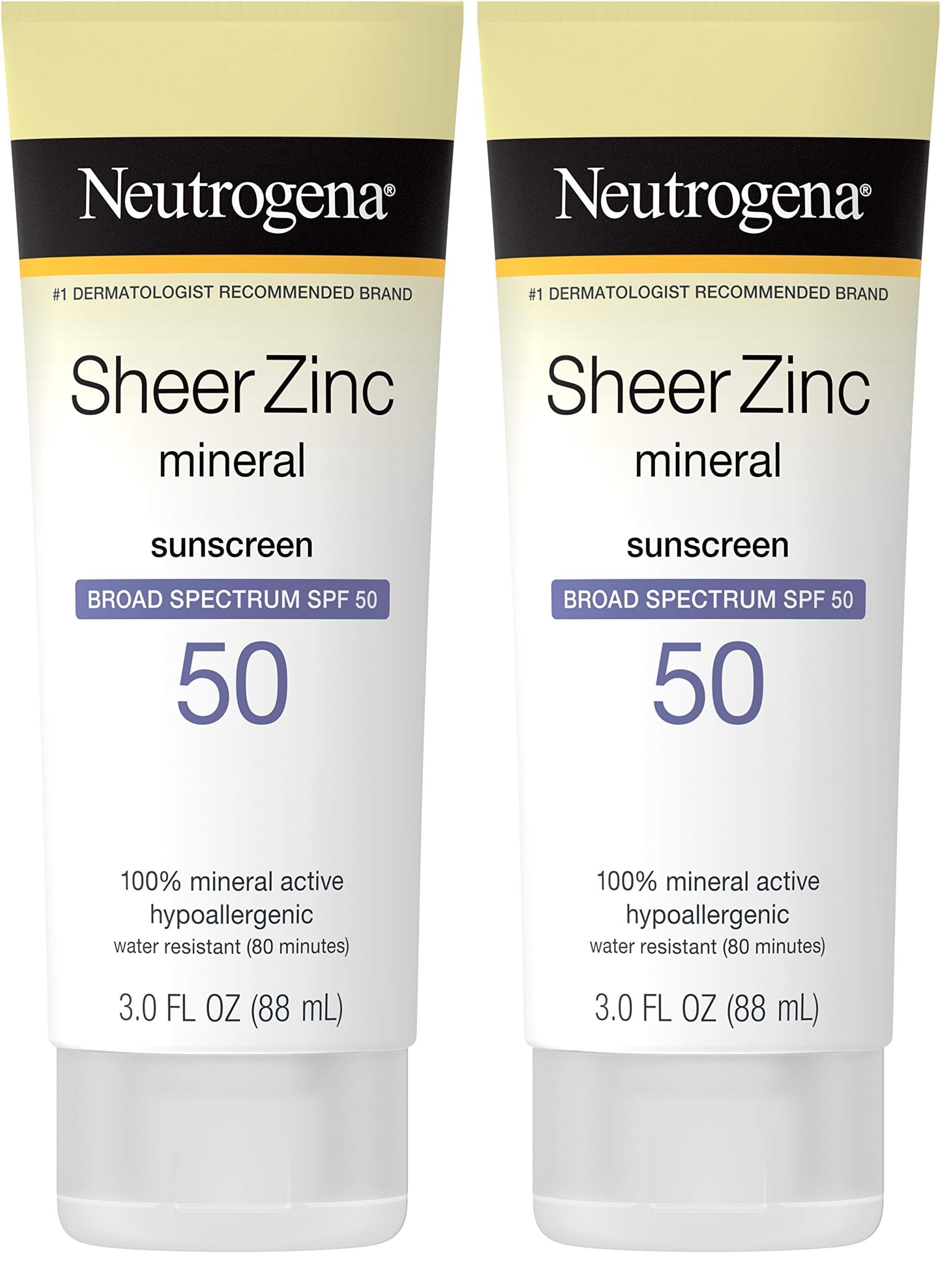 Neutrogena Sheer Zinc Oxide Dry-Touch Sunscreen Lotion with Broad Spectrum SPF 50, Water-Resistant, Hypoallergenic & Non-Greasy Mineral Sunscreen, 3 fl. oz (Pack of 2)