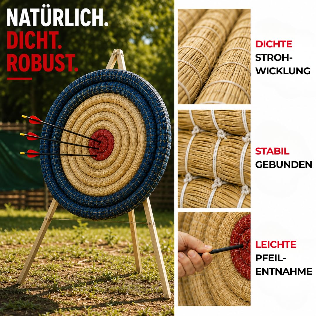 Stronghold Set Zielscheibe 65cm inkl. Ständer Strohzielscheibe | Bogenschießen für Erwachsene & Kinder Stroh Ziel für Pfeil und Bogen Armbrust Wurfmesser