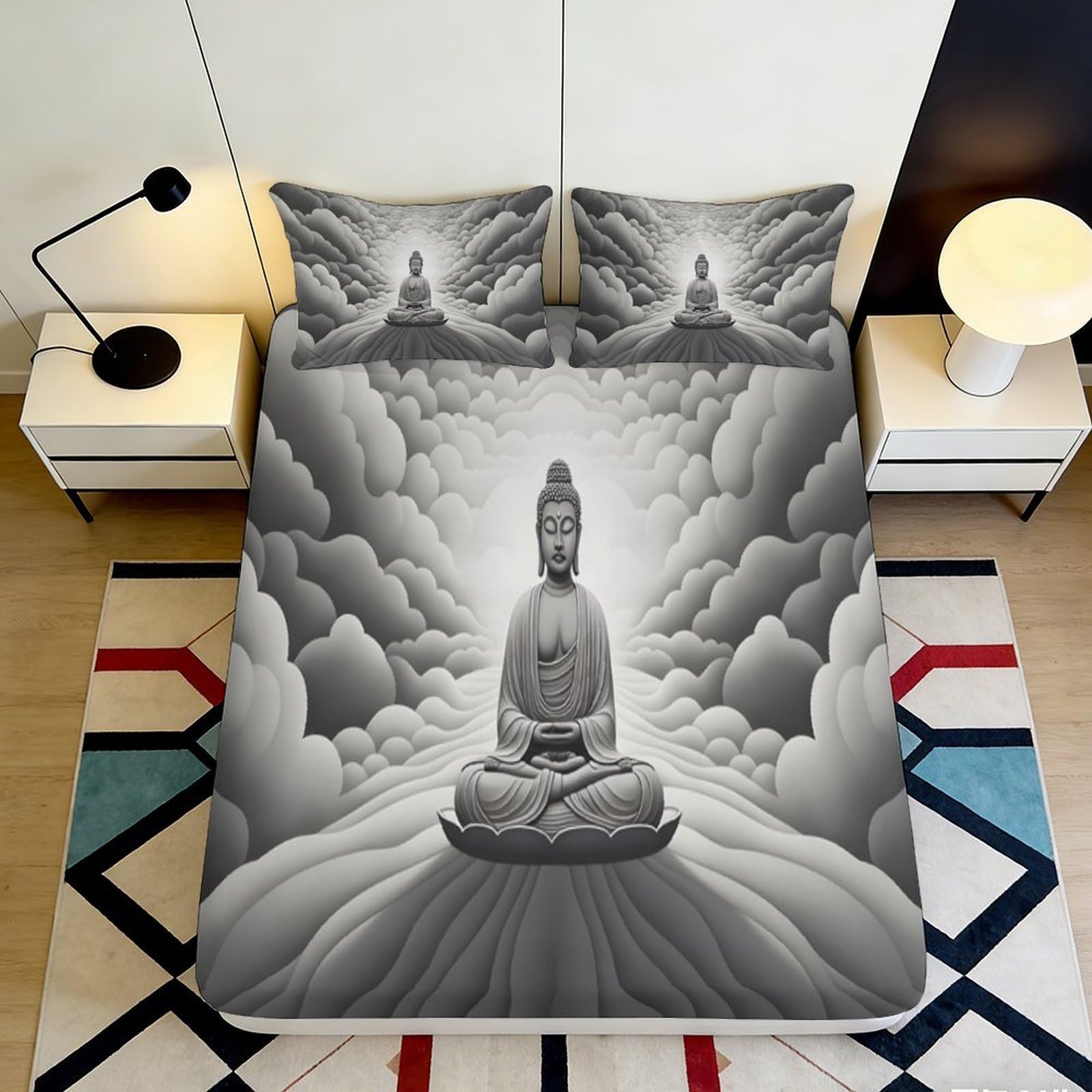 3D Printed Buddha Cloud Fitted Sheet Microfiber Soft Breathable Meditation Bed Cover for Bedroom Dormitory Guest Room Mattress Protection Decor 200x200x25cm