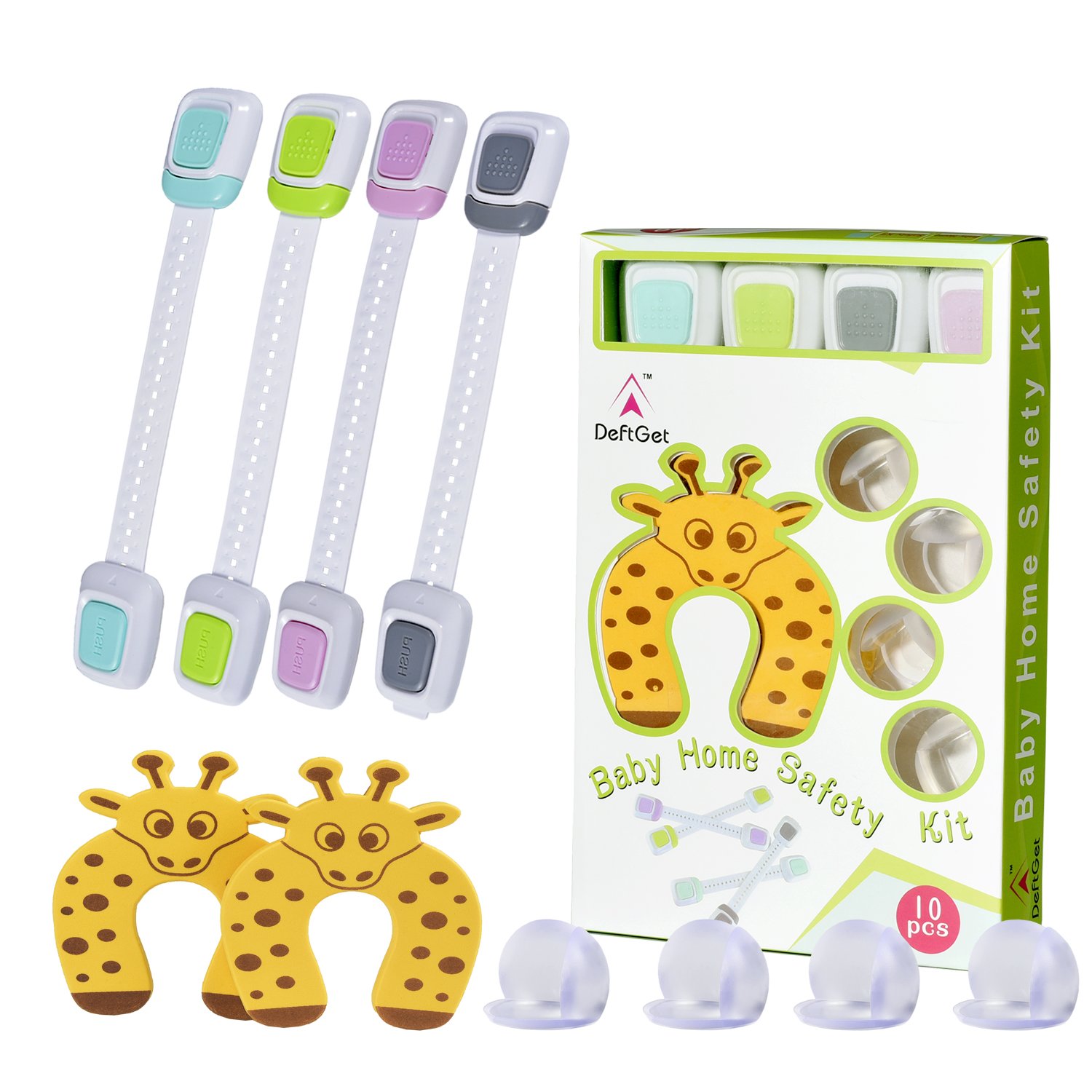 deftget Safety Cabinet Lock Baby Proofing Kit 10 Piece - Adjustable Child Safety Cabinet Locks, Table Edge & Corner Guards,Door Stopper Protector Set - Home Safety Kits Gift TM