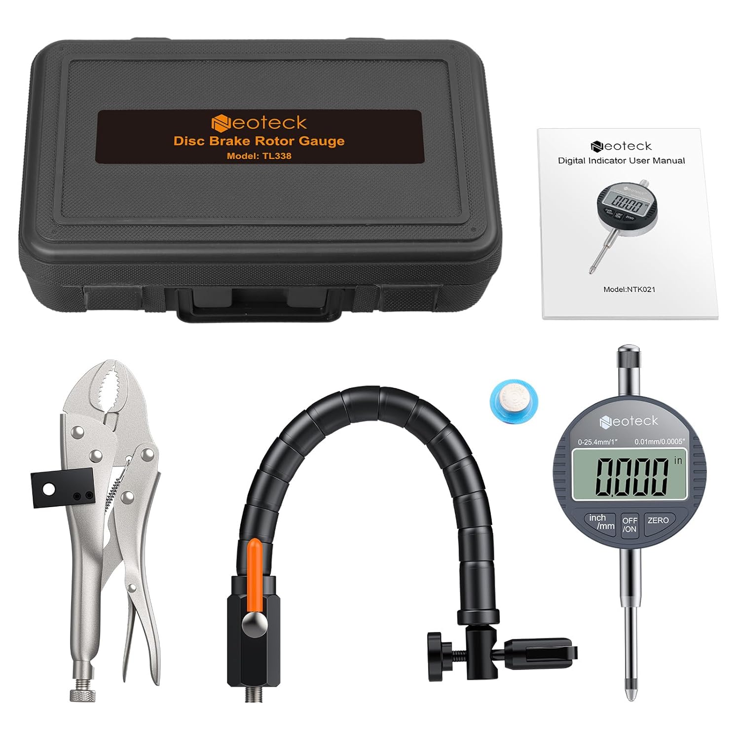 Neoteck Disc Brake Rotor Gauge Dial Indicator 1"/0.0005" Digital Runout Gauge Set Ball Joint Runout Set with 360° Flexible Arm Tight Grip Locking Vise for Automotive, Mechanical, Industrial Processes