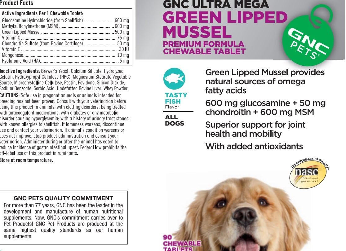 GNC, Ultra Mega Green Lipped Mussel For All Dogs, Fish, 90 chewable tabs