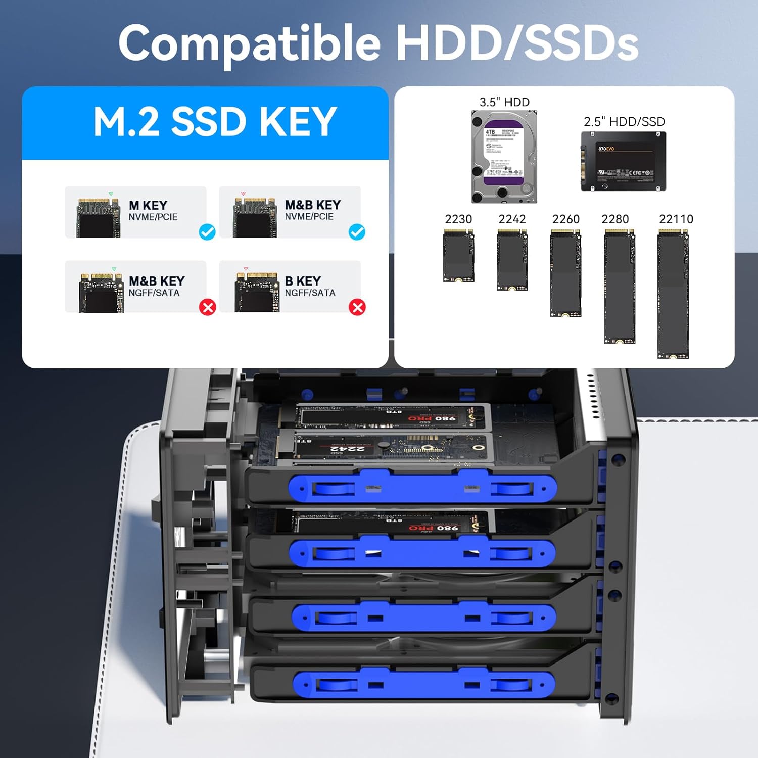 ハイブリッド 2*2.5/3.5インチ SATA HDD/SSD+6* M / B+M キー M.2 NVMeエンクロージャ 冷却フ