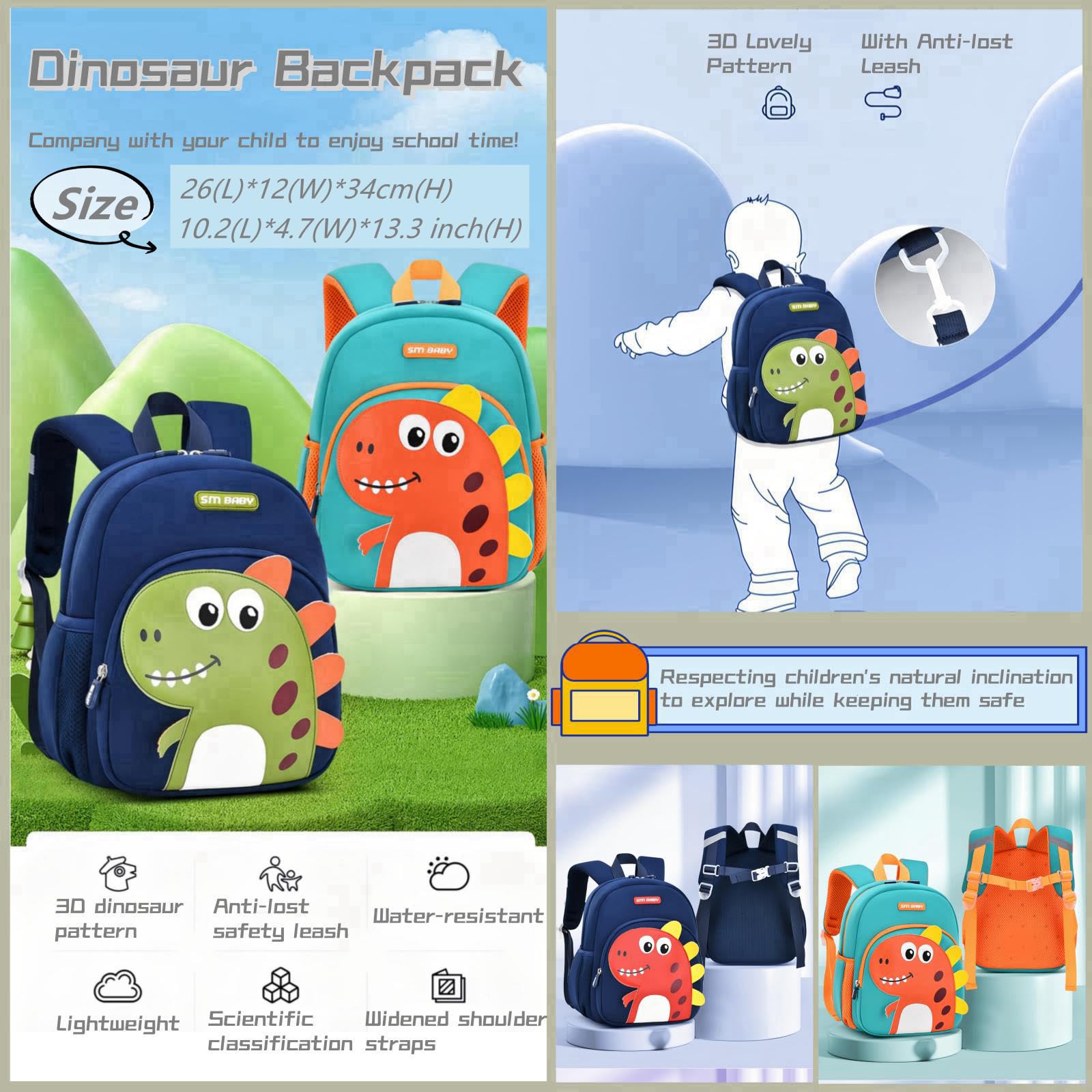 Sac à dos anti-perte pour enfants avec laisse de sécurité - Dinosaure