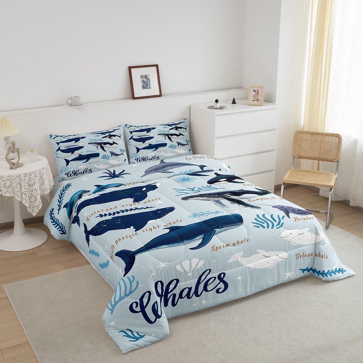 Whale Comforter Set Twin for Kids Boys Girls,Coastal Animal Seal Sea Lion Dolphin Bedding Set,Beach Ocean Creatures Under the Sea Down Comforter,Whale Duvet Insert