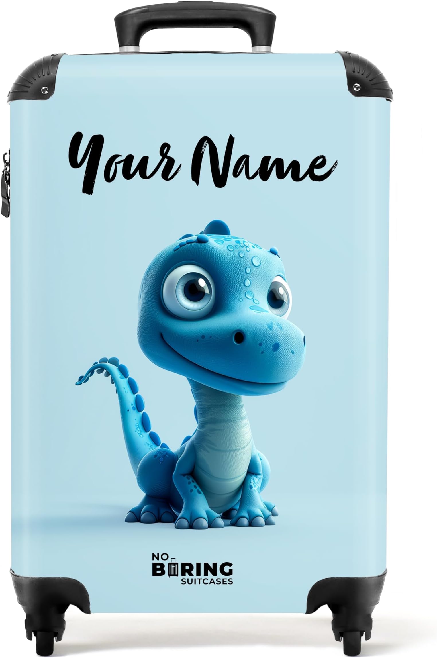 Children's Luggage Kids Suitcase for Boys - Personalised Lightweight Cabin Suitcase on Wheels - Blue Dinosaur with Blue Eyes - 55x40x20cm - Hard Shell Trolley - 20" - 10kg