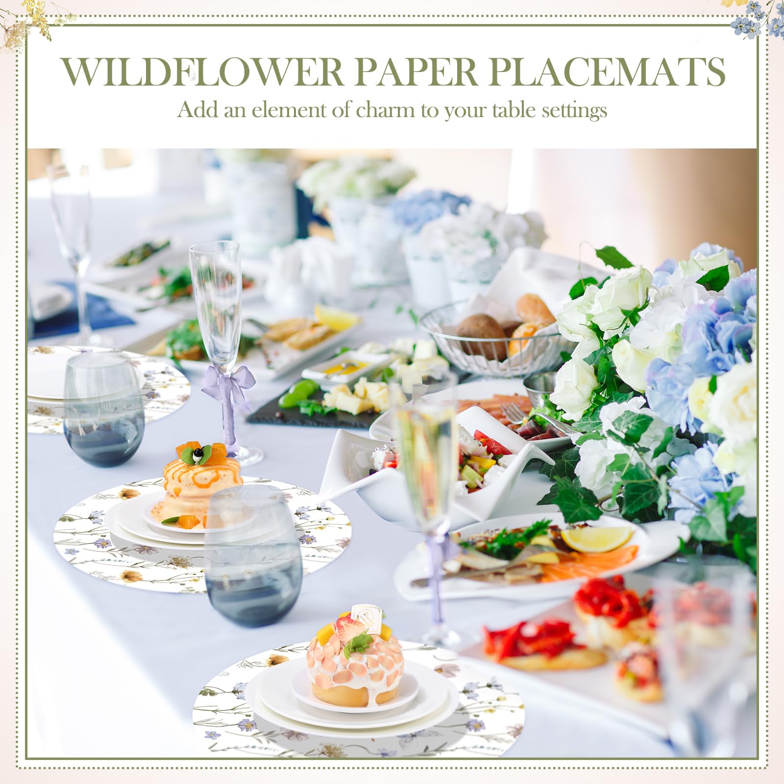 Paquete de 100 manteles individuales de papel de flores silvestres de 13 pulgadas, manteles individuales redondos florales para fiestas, mariposas, flores, manteles individuales desechables