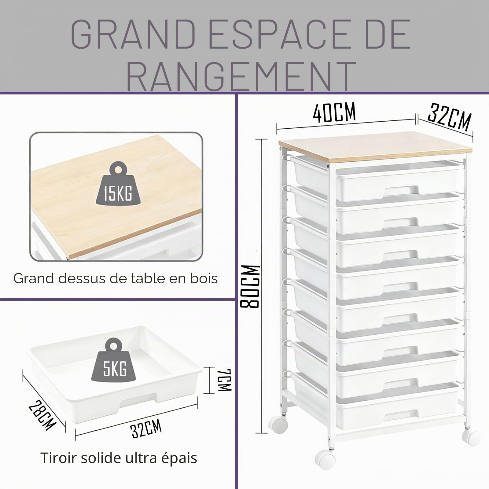 Chariot de Rangement à Roulettes avec 8 Tiroirs, Desserte à Roulettes avec Plateau en Bois, Chariot de Rangement pour Bureau, Cuisine, Salon et Chambre
