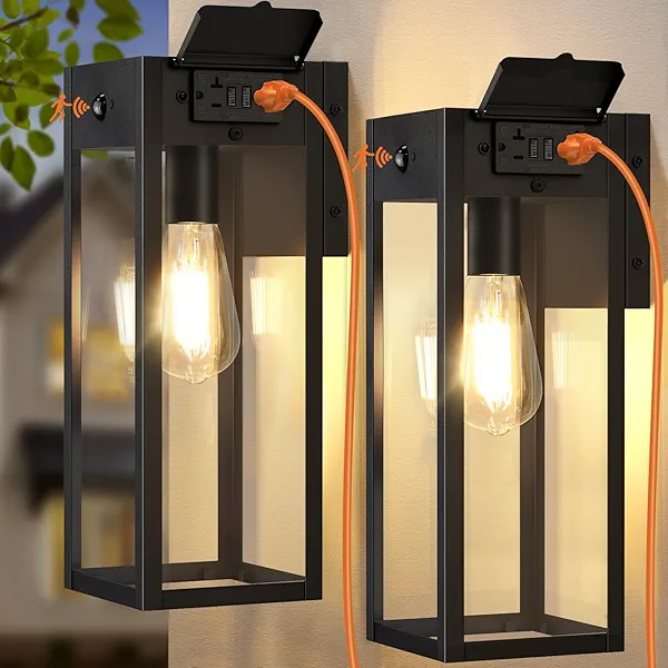 OYKYOHEI 2 Pack Large Porch Lights with GFCI Outlet, Dusk to Dawn Motion Sensor Outdoor Lights, 2 Lighting Modes Waterproof Anti-Rust Wall Sconce Lantern, Outside Light for House, 14.62 Inch