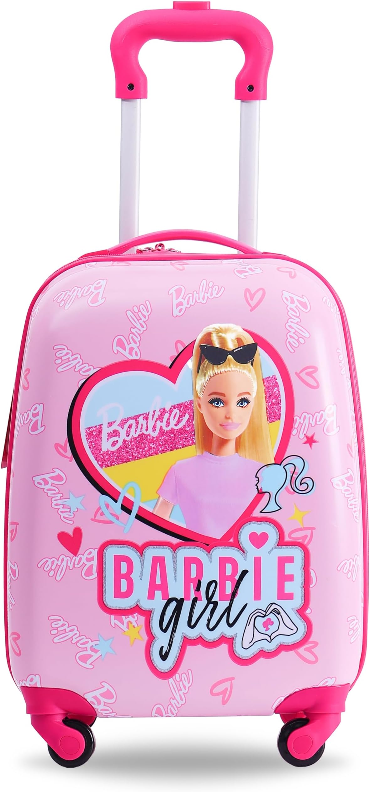 Barbie Licensed 16" Kids Luggage with Reusable Stickers, Carry On Travel Suitcase with 4 Wheels, Lightweight Toddler Trolley, Durable ABS Hardshell, Anti-Theft Zipper, Telescopic Handle
