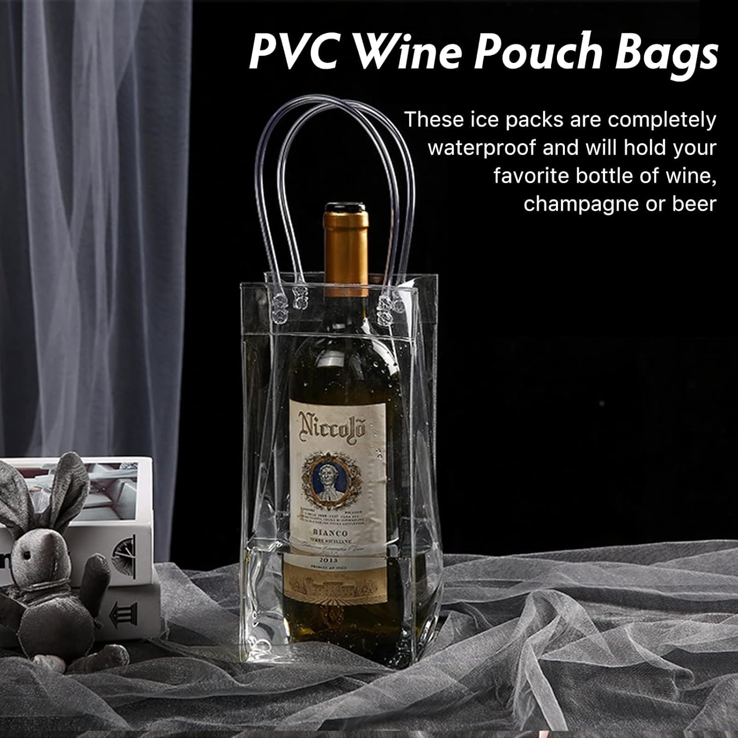 Ice Wine Bag, Portable Collapsible Clear Wine Pouch, Clear PVC Gift Bags with Handles for Wedding Party Travel Champagne Beer White Wine Chilled Beverages(10 Pack)