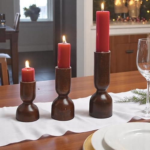 Miniatura 7 de Juego de 3 portavelas para velas de pilar, hechos de madera de mango, portavelas de madera rústica, candelabros decorativos de madera para sala de