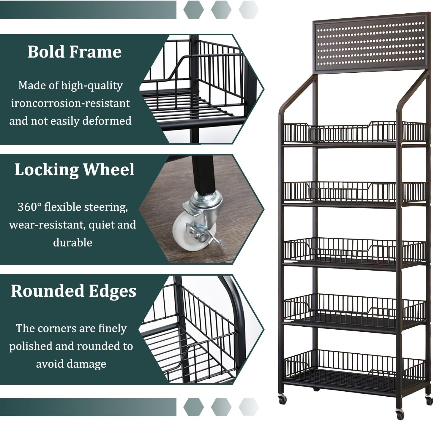 Candy Display Rack, Retail Display Rack Shelf Cart with Wheels and Hook, Heavy-Duty Metal Snack Potato Chip Display Organizer for Store Home Kitchen,Black,5 Tier