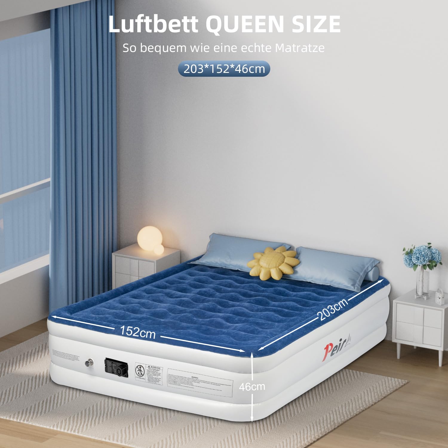 Selbstaufblasende Luftmatratze 203x152x46cm - Luftbett mit 6 Stützsäulen, 300kg Tragkraft, 48h leckgetestet, inkl. Autoluftpumpe, für Camping, Gäste, Zuhause