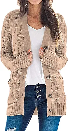 PRETTYGARDEN Women's Open Front Cardigan Sweaters Fashion Button Down Cable Knit Chunky Outwear Coats