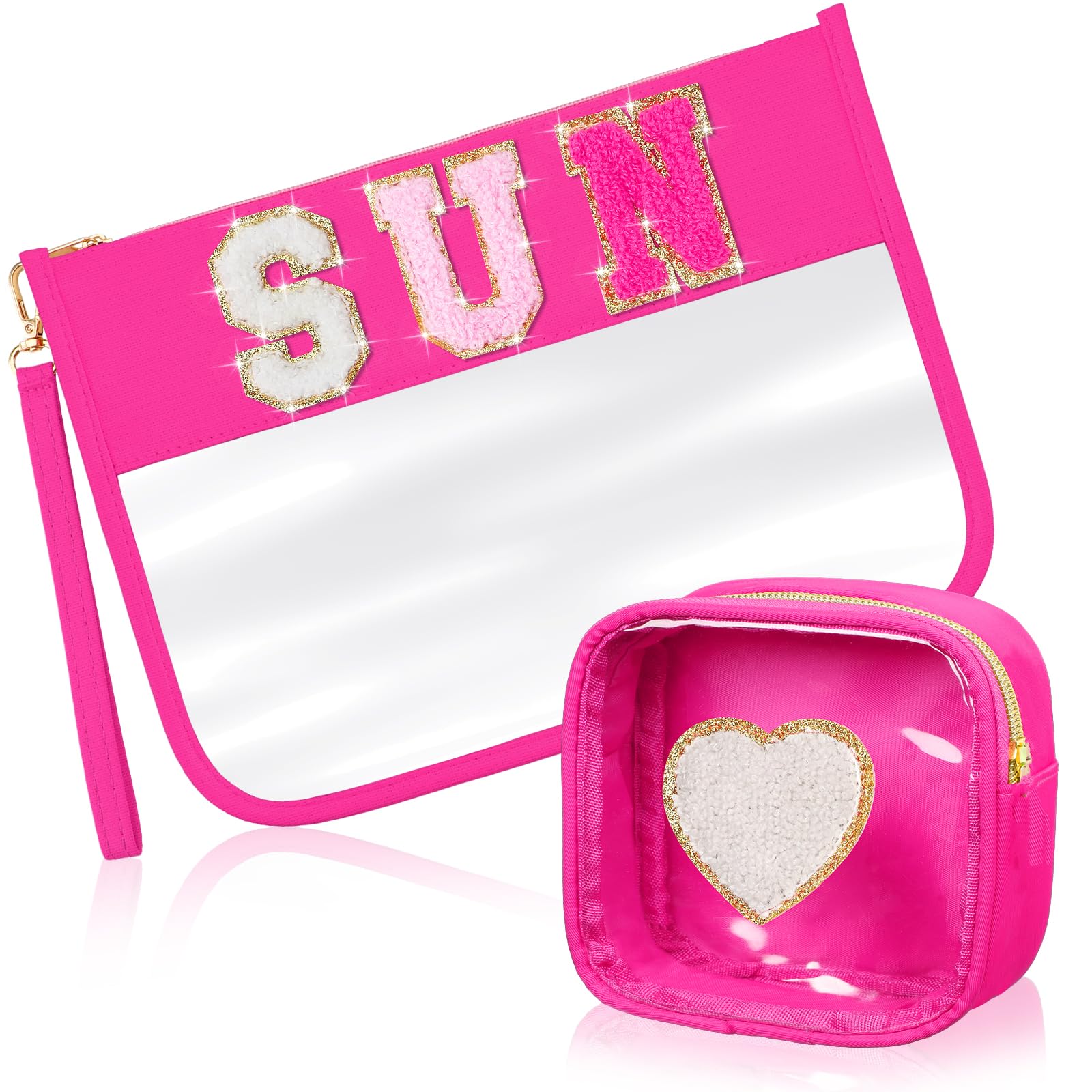 Hillban2 Pcs Sunscreen Chenille Letter Bags Makeup Cosmetic Bag Waterproof Sun Travel Pouch Beach Pool Things Summer Stuff Preppy Patch Traveling Accessories for Women (Sun Theme)
