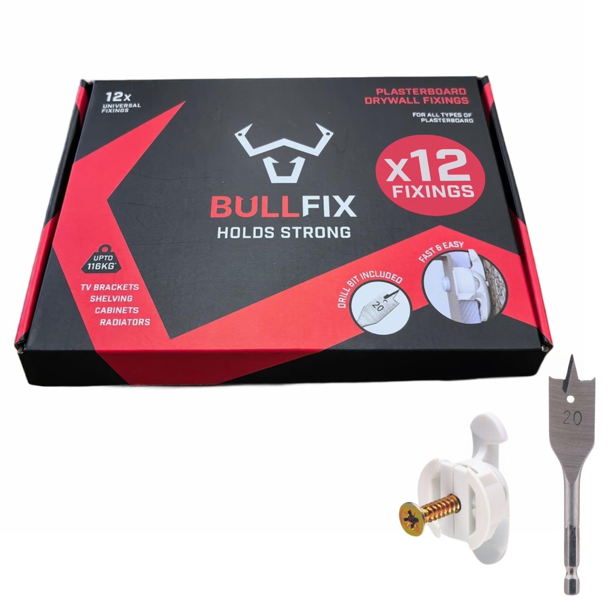 Bullfix Universal Plasterboard Fixings Heavy Duty, 12 Pack, Drywall Anchor for Dot & Dab, Stud & Hollow Cavity