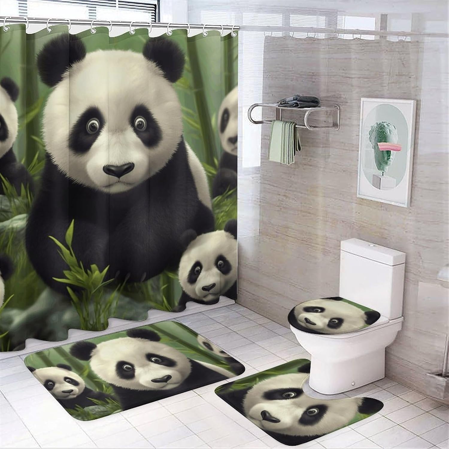 Cute Panda Shower Curtain Set 4 Piece, Non-Slip Bath Mat with Toilet Lid Cover and Waterproof Shower Curtain with 12 Hooks, Complete Bathroom Set for Home Decor