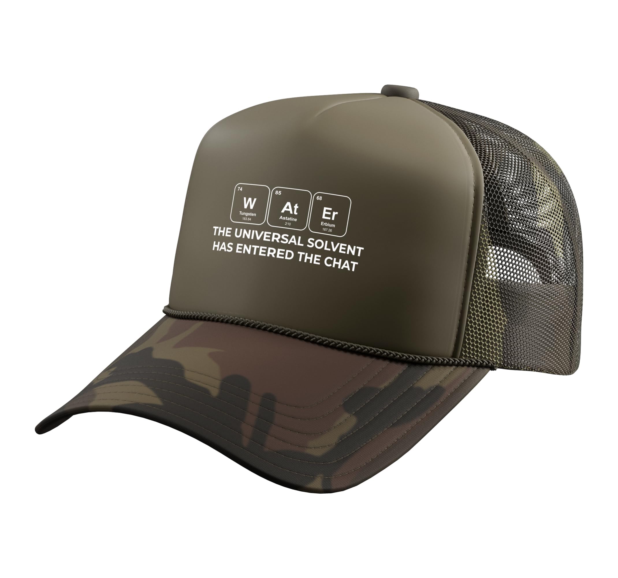 Water Periodic Table Pun Biochem Pre Med Student Design Trucker Hat with Adjustable Mesh Back One Size Camo Green