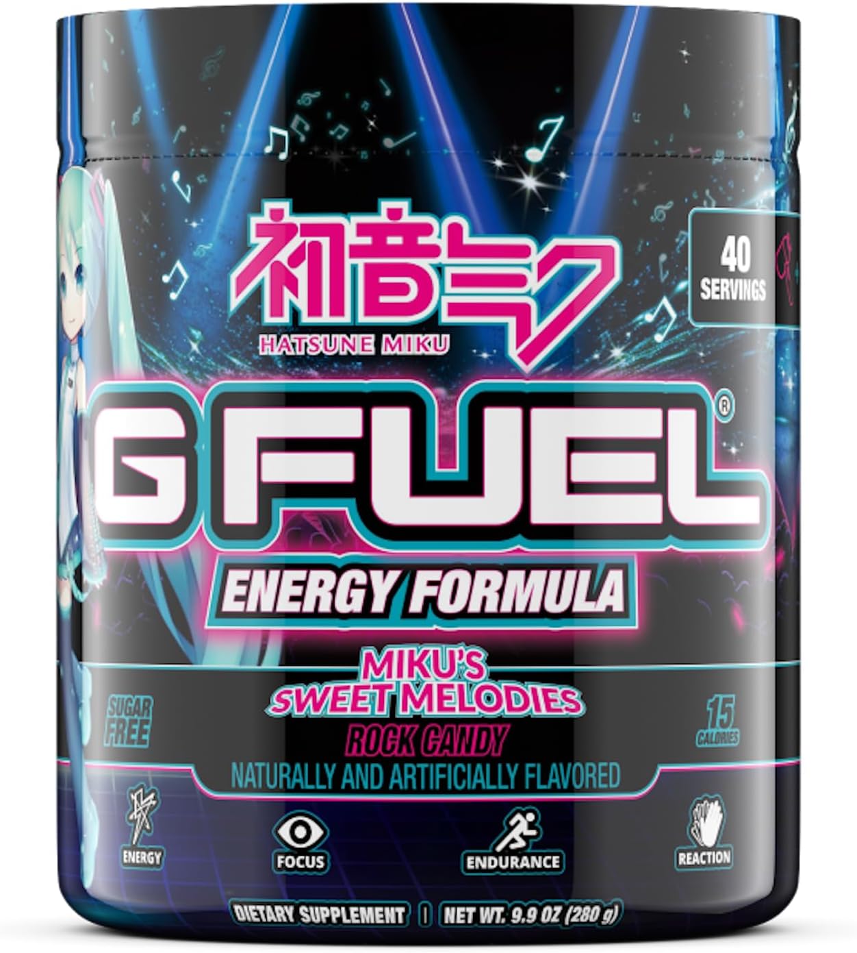 Sweet Melodies Hatsune Miku Energy Drink Powder, Pre Workout Caffeine Mix for Gaming, Sugar Free Focus Amino, Vitamin + Antioxidants, 9.9oz (Rock Candy, 40 Servings)