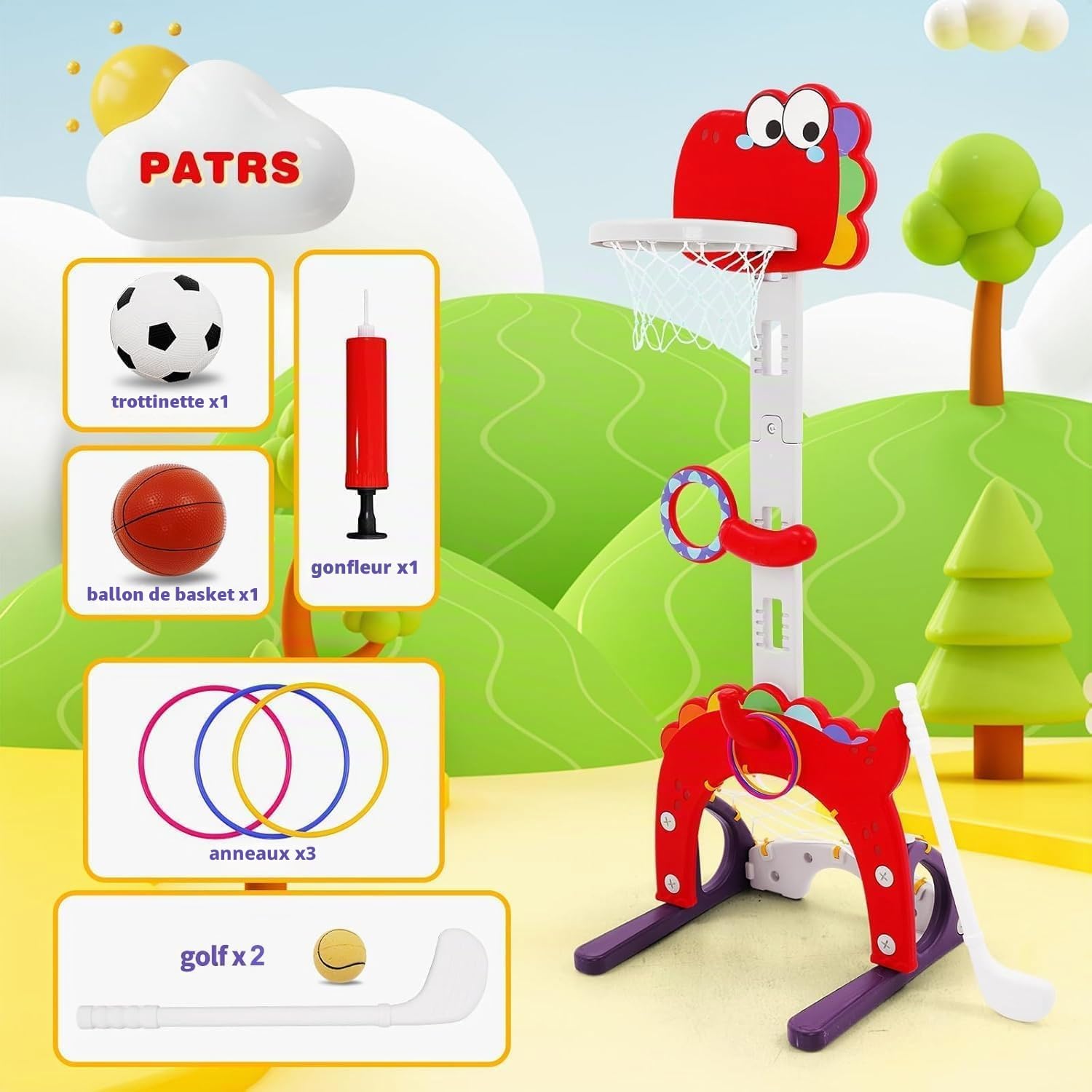 5en1 Panier de Basket Enfant, Hauteur Réglable (95-135 cm) Comprend Un Panier de Basketball,Un But de Football Miniature,Un Golf,Un Jeu de Lancer et Un Jeu d'Anneaux. Jeux Enfant 4 Ans
