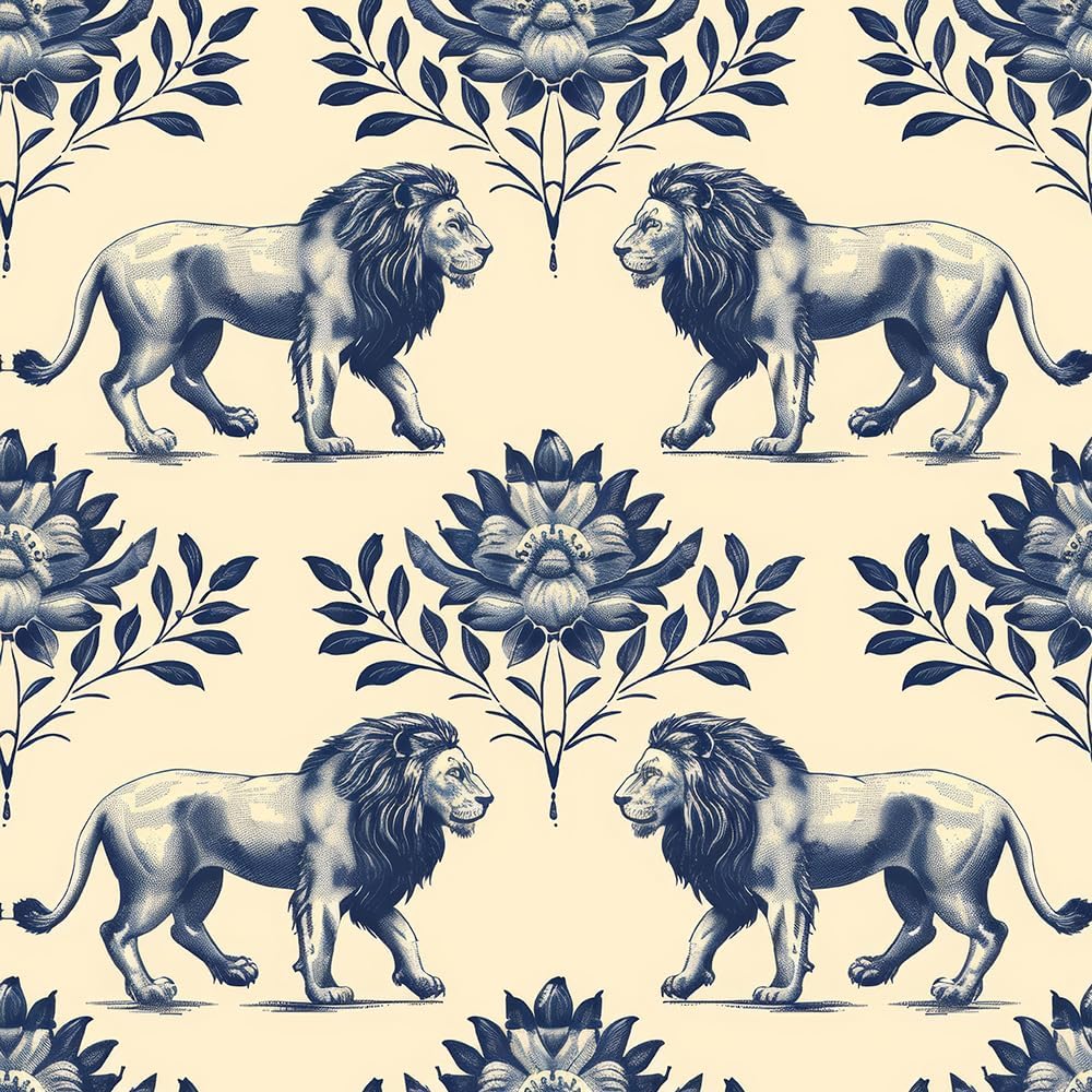 REDAMANCY Boho Beige Teal Blue Damask Flower Lion Peel and Stick Wallpaper Vintage Wall Paper Stick on Contact Paper Easy Peel Off for Bedroom nightstand Drawer Renter Friendly 17.7"x236"