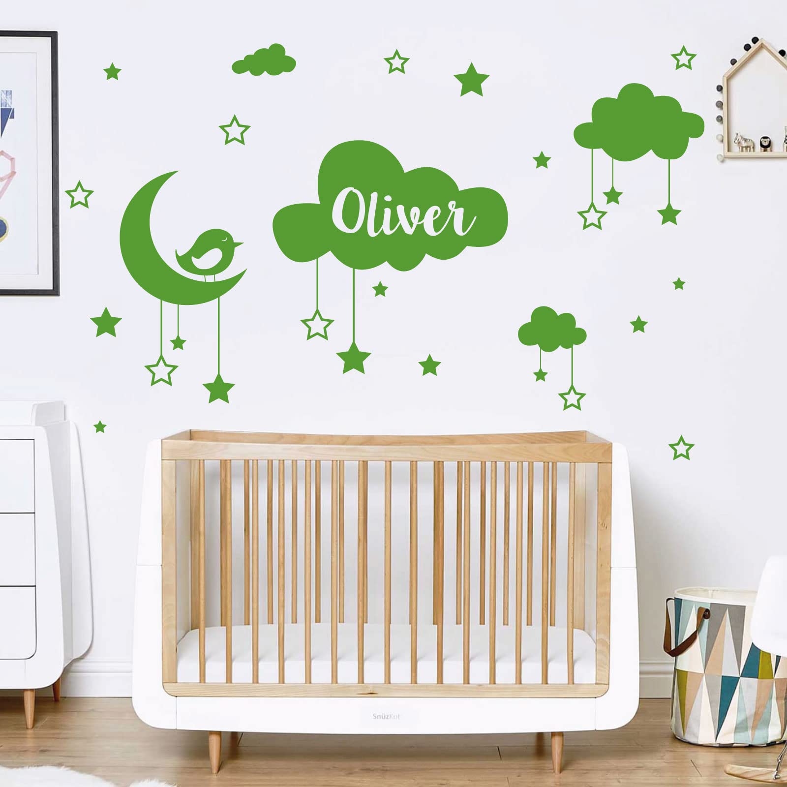 Personalised Name Baby Wall Sticker - Clouds, Stars, Moon & Bird [Large] [Grass]