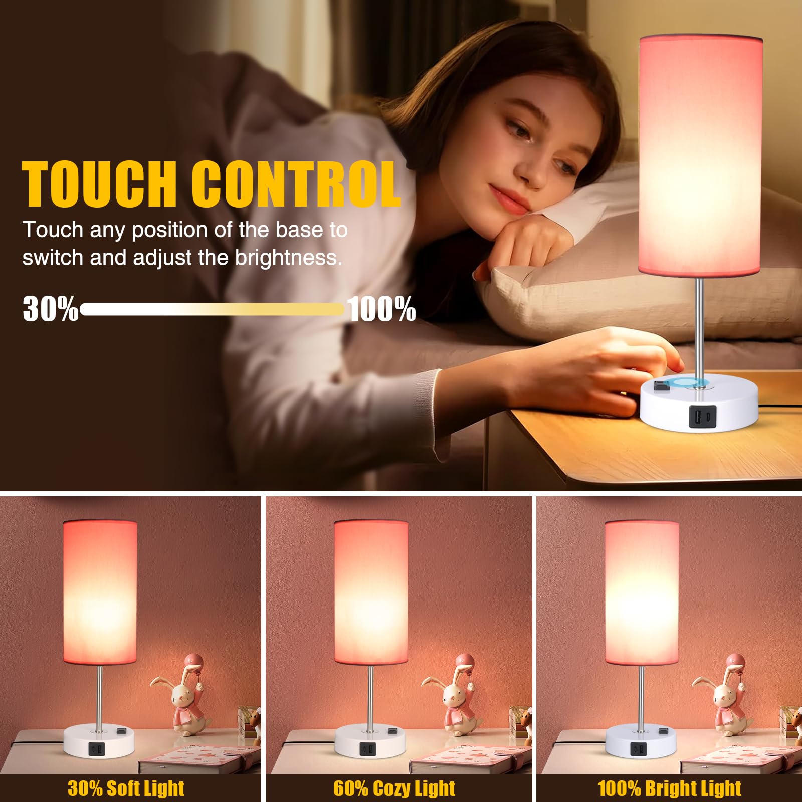 Tischlampe mit USB-Anschluss, Schreibtischlampe, Touch-Lampe, Nachttischlampen für Schlafzimmer, 3-Fach Dimmbar Kleine Lampen für Rosa und Weiß