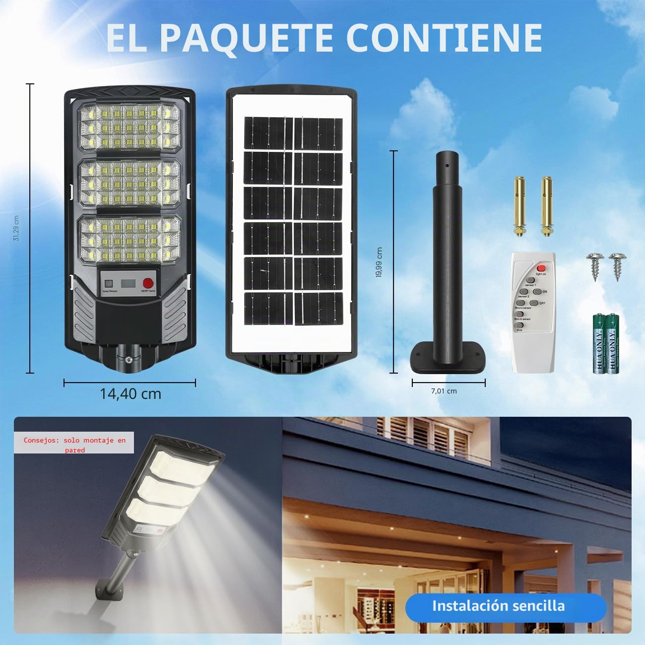 YACAISI Luces solares de calle al aire libre, luz solar exterior de 8500 K, LED del anochecer al amanecer, iluminación solar impermeable con sensor de movimiento y control remoto, luces solares de