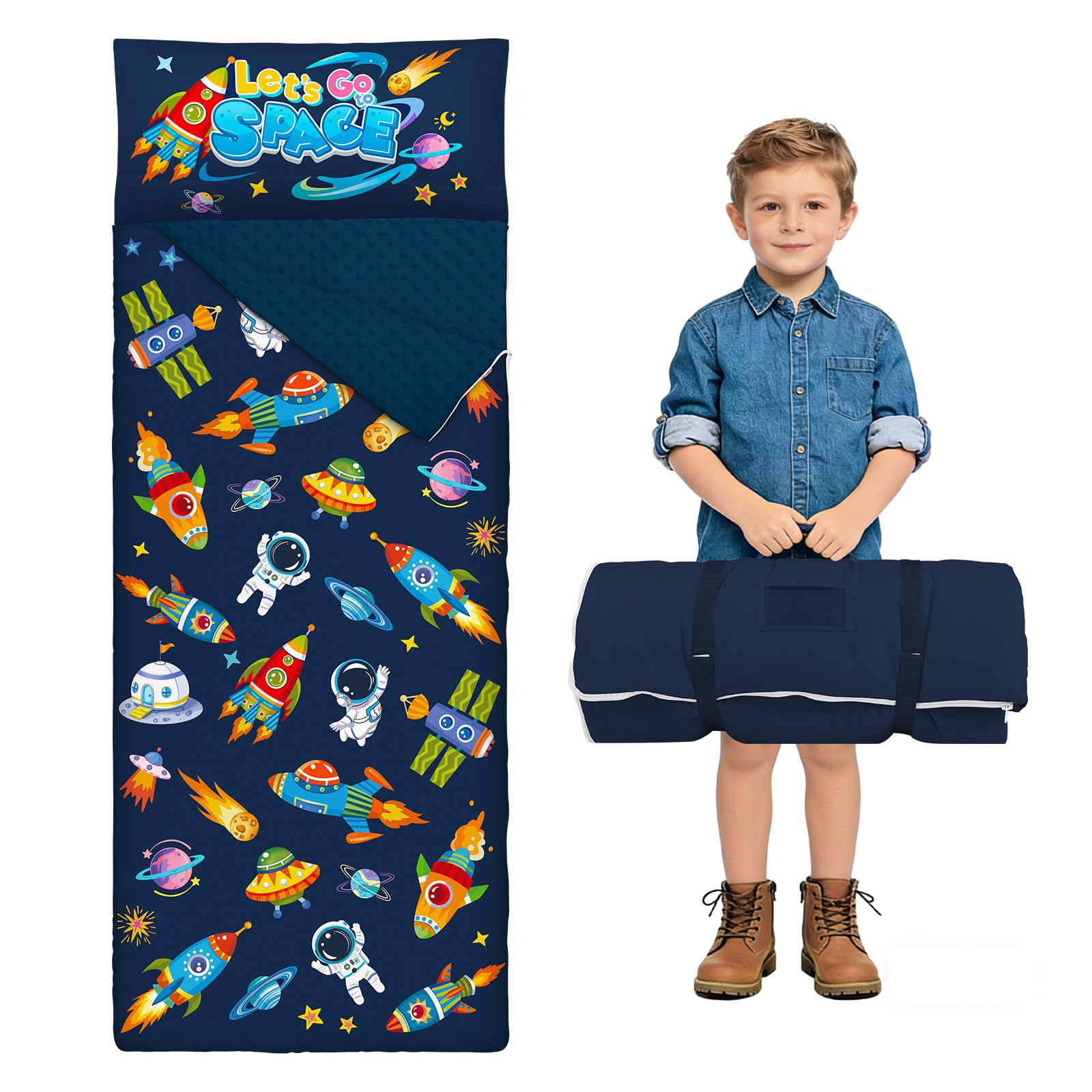 Saco de Dormir para Niños con Almohada, Tapete de Siesta para Niños y Niñas, Cálido Saco de Dormir de 150 x 60 cm, Tapete de Dormir Enrollable con Doble Cremallera