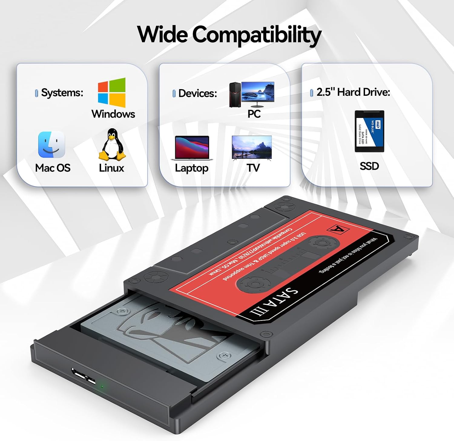 2.5 SSD Enclosure with USB C Adapter, Internal Solid State Drive Case Read SATA to USB3.0 Tool-Free for 2.5 Inch SSD Hard Drive, SATA III Support UASP, up to 6TB