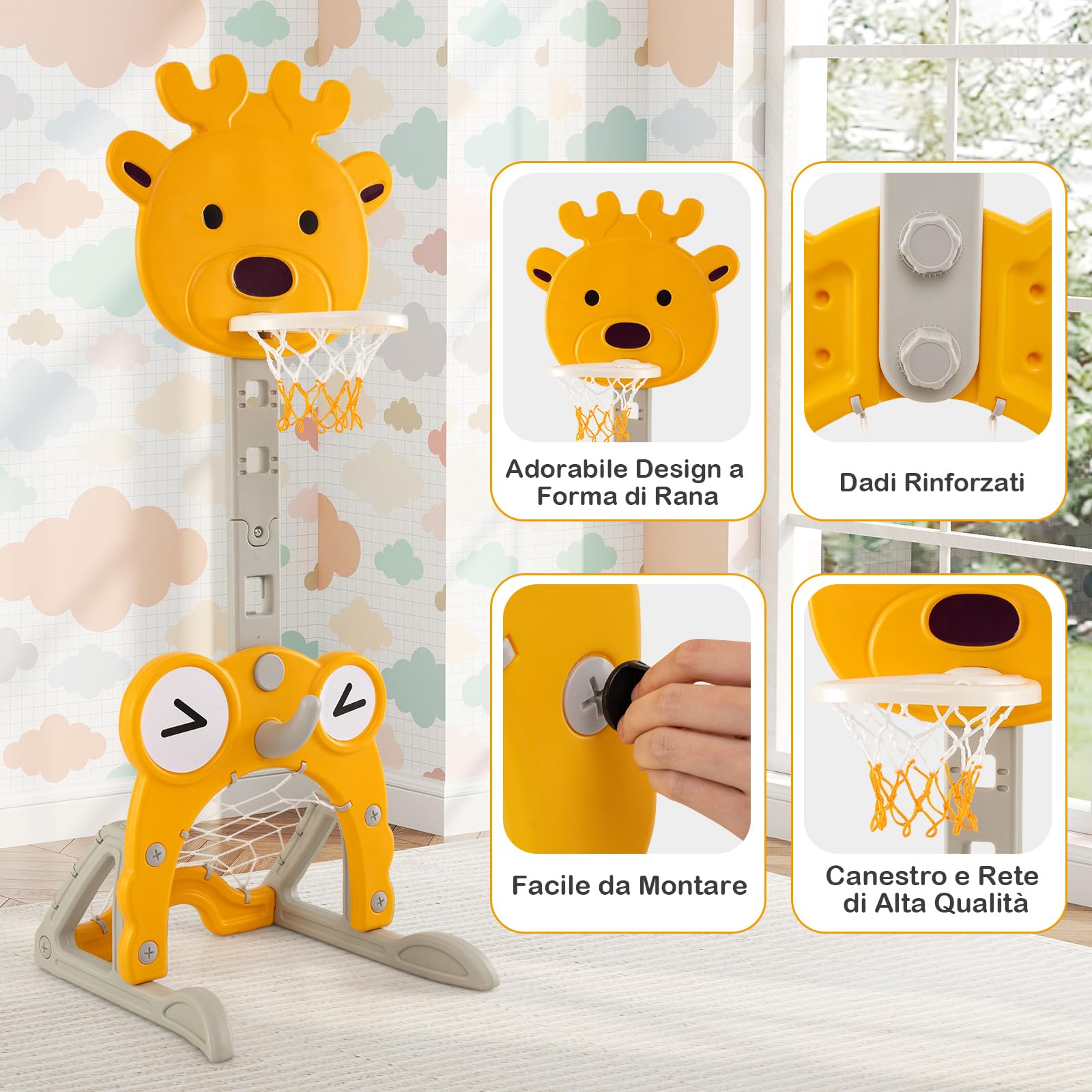 COSTWAY 4 in 1 Canestro da Basket per Bambini, Centro Attività con Cerchio, Porta Calcio, Lancio ad Anelli, Golf, Canestro Regolabile, per Bambini 3+ Anni (Cervo)