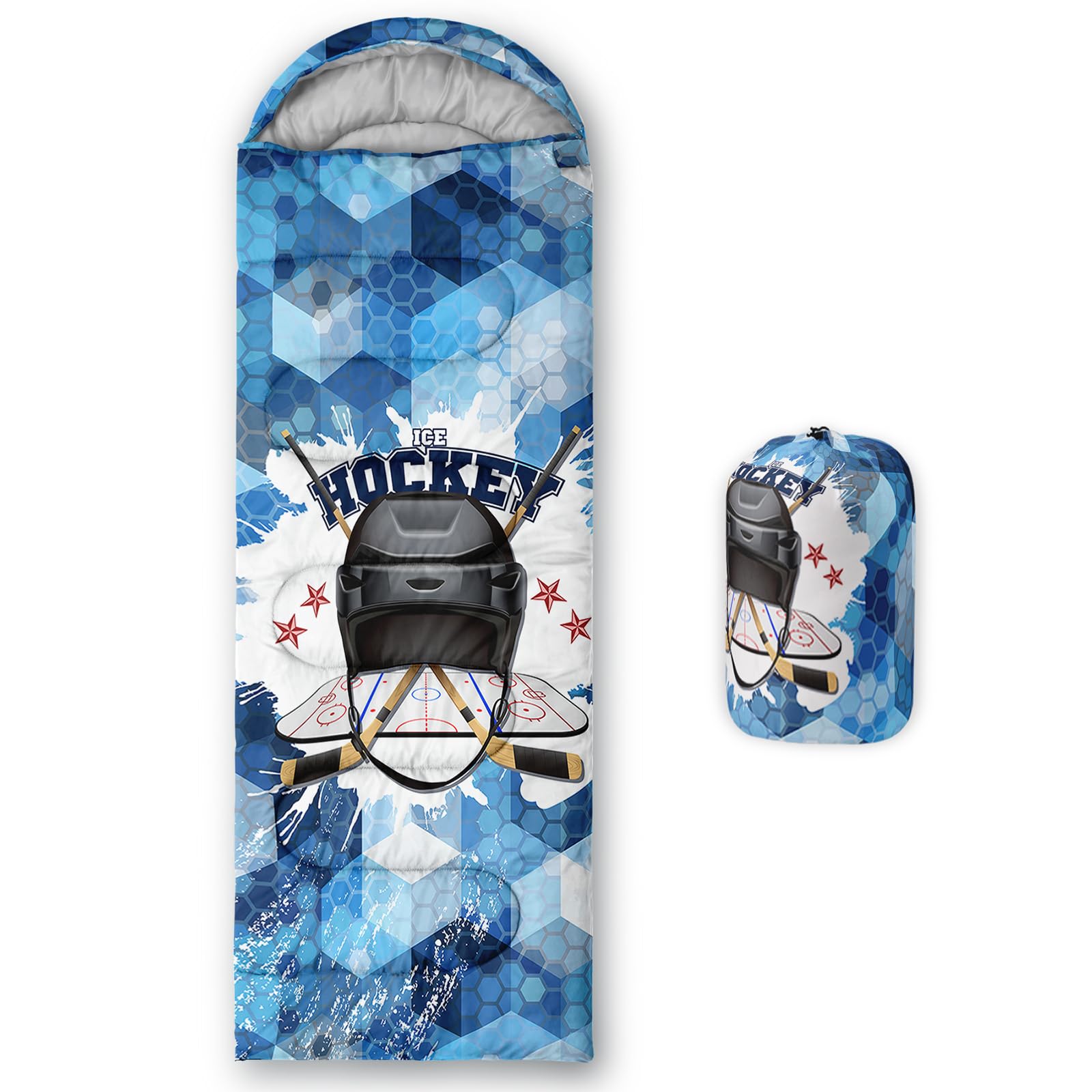 QOOMO Blue Honeycomb Hockey Printed Camping Sleeping Bags,3 Season Warm & Cool Weather,Lightweight,Waterproof Sleeping Bags for Adults & Kids,Traveling,and Outdoors,Camping Gear Equipment,31x90inch