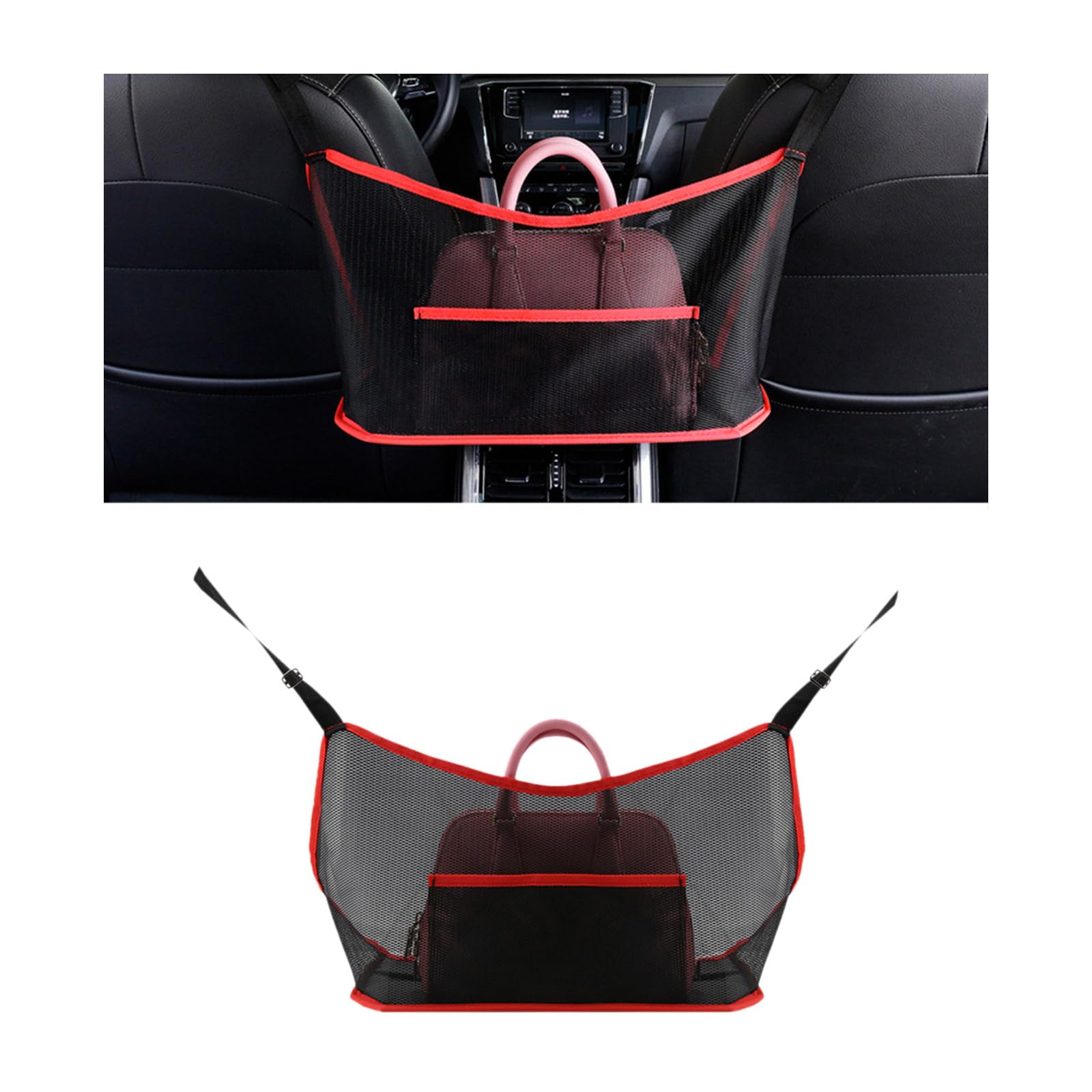 AugenyAugeny Car Net Pocket Handbag Holder, Large Capacity Auto Seat Back Mesh Pocket Organizer, Vehicle Driver Storage Netting Pouch for Purse, Document, Barrier of Backseat Pet Kid (Black+Red, Upgraded)